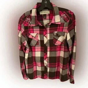 Bit & Bridle women’s snap down plaid shirt pink, brown & white size large